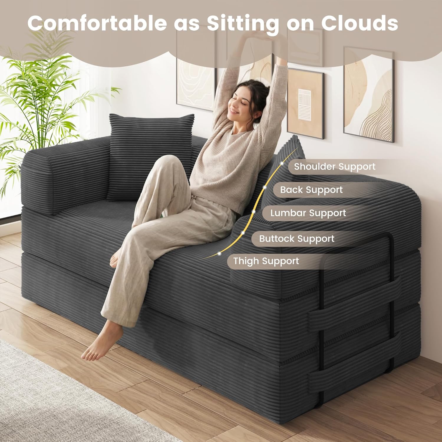 80" Convertible Sofa Bed, 5 in 1 Modular Boneless Couch Sleeper Sofa Bed with Fixed Frame & Removable Backrest Pillow, Washable Corduroy Futon Sofa Bed Couch in a Box for Small Spaces, Dark Grey