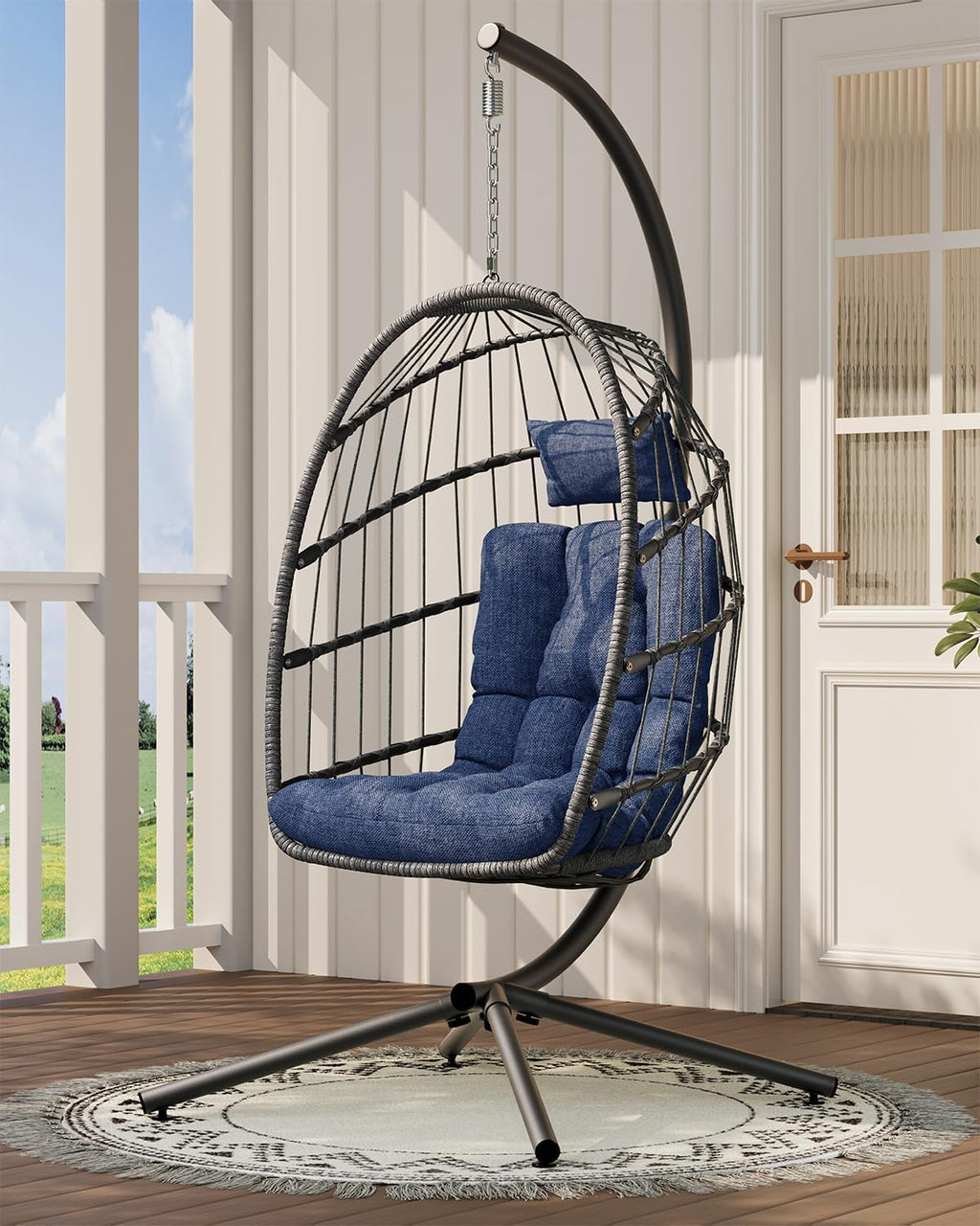 Hanging Egg Chair with Stand, Indoor Outdoor Wicker Patio Egg Swing Chair with Cushion for 350LBS Capacity, Hanging Hammock Chair for Bedroom, Garden, Porch - Dark Blue
