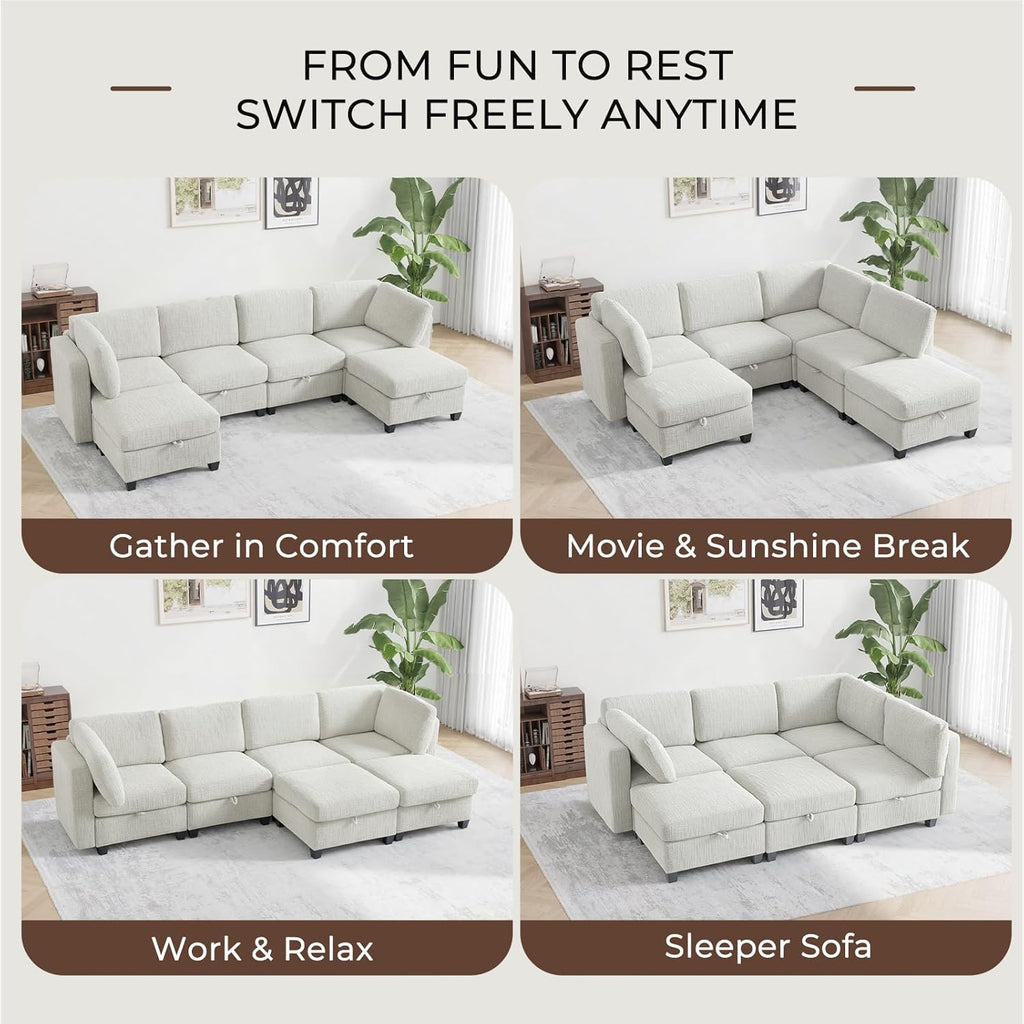 128" Oversized Modular 6 Seater Sofa with Removable Covers and Storage, Convertible U, L-Shaped and Sleeper Sectional, Modern Sectional Couch with Movable Ottoman for Living Room, Apartment, Beige