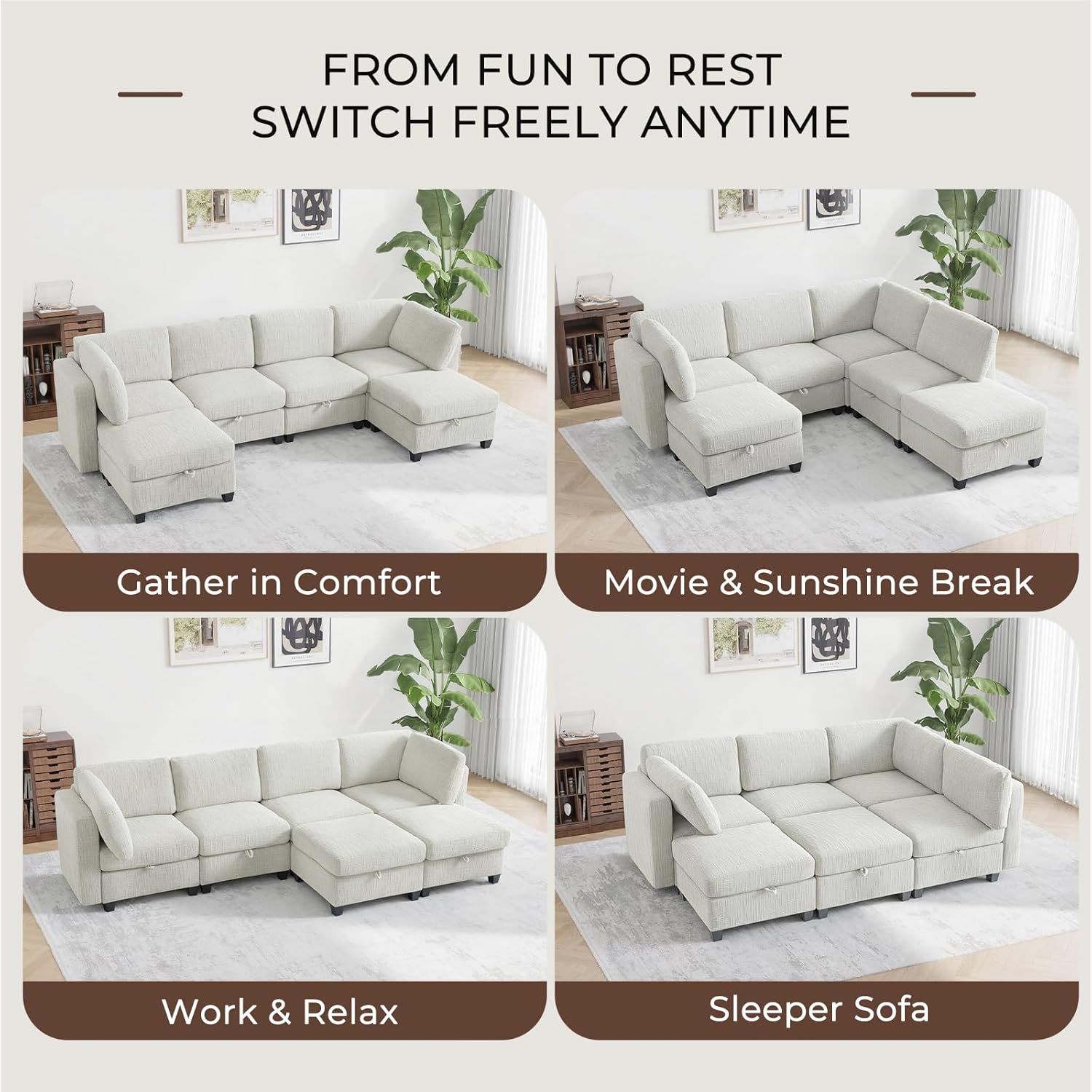 128" Oversized Modular 6 Seater Sofa with Removable Covers and Storage, Convertible U, L-Shaped and Sleeper Sectional, Modern Sectional Couch with Movable Ottoman for Living Room, Apartment, Beige