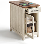 LINSY HOME Farmhouse End Table with Charging Station, Narrow Side Table for Living Room, Sofa Side Table with Drawer and Storage Cabinet, Small Nightstand for Home Office