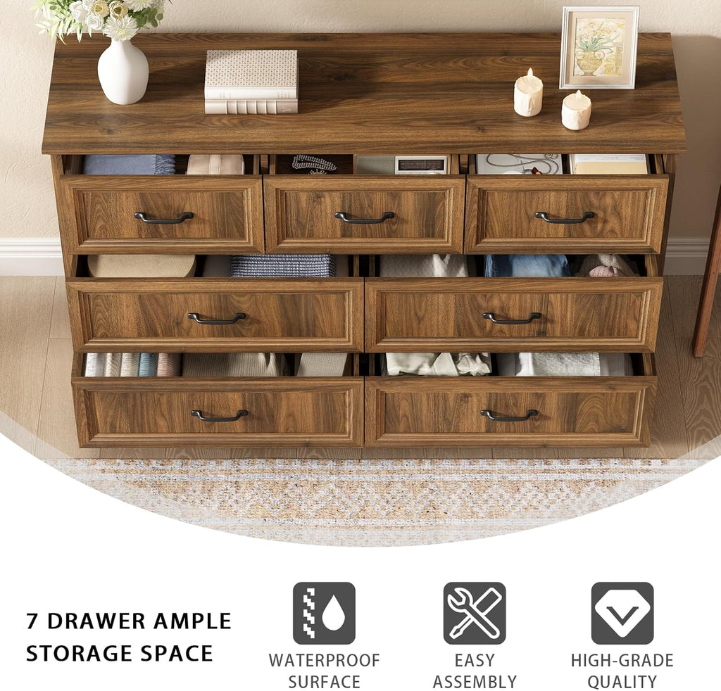Farmhouse 7 Drawer Dresser for Bedroom, 55 Inch Wide Modern Walnut Dresser TV Stand with Large Drawers & Bar Handles, Rustic Wood Chest of Drawers for Bedroom, Living Room, Hallway, Entryway.