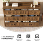 Farmhouse 7 Drawer Dresser for Bedroom, 55 Inch Wide Modern Walnut Dresser TV Stand with Large Drawers & Bar Handles, Rustic Wood Chest of Drawers for Bedroom, Living Room, Hallway, Entryway.