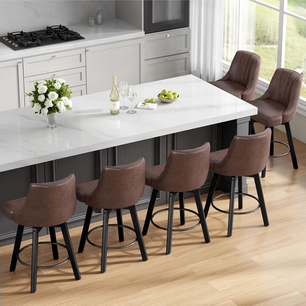 Counter Height Swivel Bar Stool, 24" Upholstered PU Leather Barstools Set of 4, Counter Stool Chair with Back & Solid Wood Legs for Kitchen Island Dining Room (Brown)