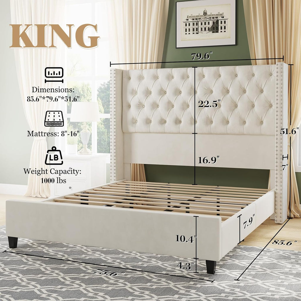 Jocisland King Upholstered Bed Frame with Tall Headboard Wingback Platform Bed Tufted Deep Button Velvet/No Box Spring Needed/Easy Assembly/Cream