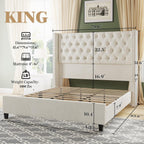 Jocisland King Upholstered Bed Frame with Tall Headboard Wingback Platform Bed Tufted Deep Button Velvet/No Box Spring Needed/Easy Assembly/Cream