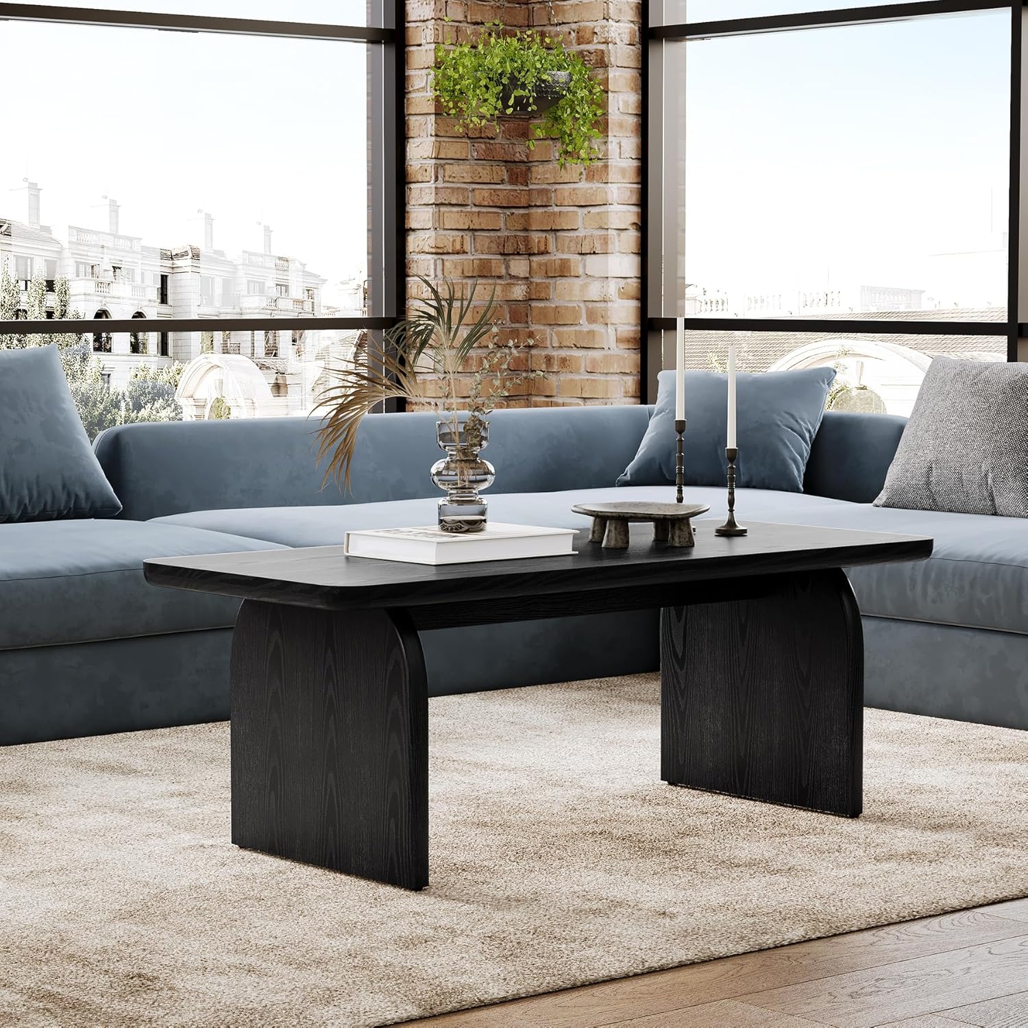 LITTLE TREE Farmhouse Coffee Table, 47 Inches Wooden Center Tables with Rounded Corners, Rectangular Living Room Tables, Modern Low Cocktail Tea Furniture for Living Room (Black)