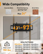 Perlegear Long Arm Full Motion TV Wall Mount for 42–97 Inch TVs up to 150 lbs, Pre-Assembled TV Mount with Full Swivel, Tilt and Extension, Fits 8″/12″/16″/24″ Wood Studs, Max VESA 800x400mm, PGXLF02