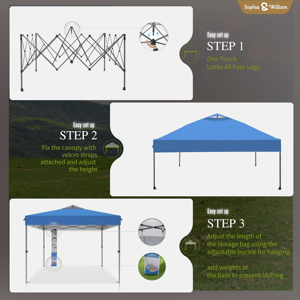 Sophia & William Canopy Tent Pop Up 10x10 ft One Person Push Set Up Tent, Outdoor Canopies Shelter Heavy Duty Straight Legs with 4 Sandbags & Guy Ropes, 1 Roller Bag & Storage Bag, 8 Stakes UPF50+