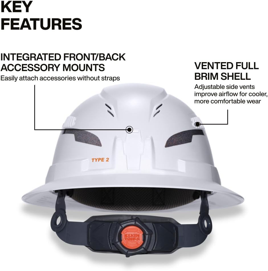 Klein Tools 60407T2RL Type 2 Hard Hat, Vented Full Brim, Class C Hard Hat with Chin Strap, 6-Point Suspension with Accessory Mounts, Washable Padding, and Rechargeable Headlamp