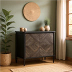 Howizz Lenia Solid Wood Storage Cabinet with Diamond Pattern Doors, Rustic Farmhouse Accent Cabinet for Living Room, or Entryway, Durable Acacia Wood, Mocha Black