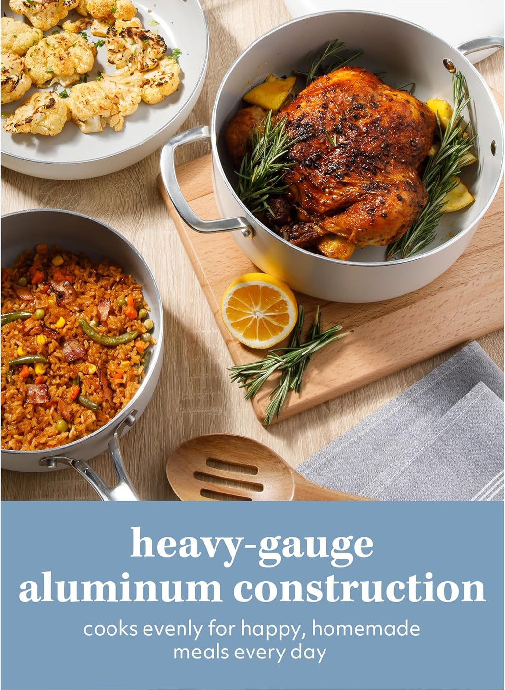 Sur La Table Kitchen Essentials Potluck Porch 10 Piece PFA Free Ceramic Non stick Interior Forged Aluminum Cookware Pots and Pans Set W/Aluminum Lids - Linen White - Induction Compatible