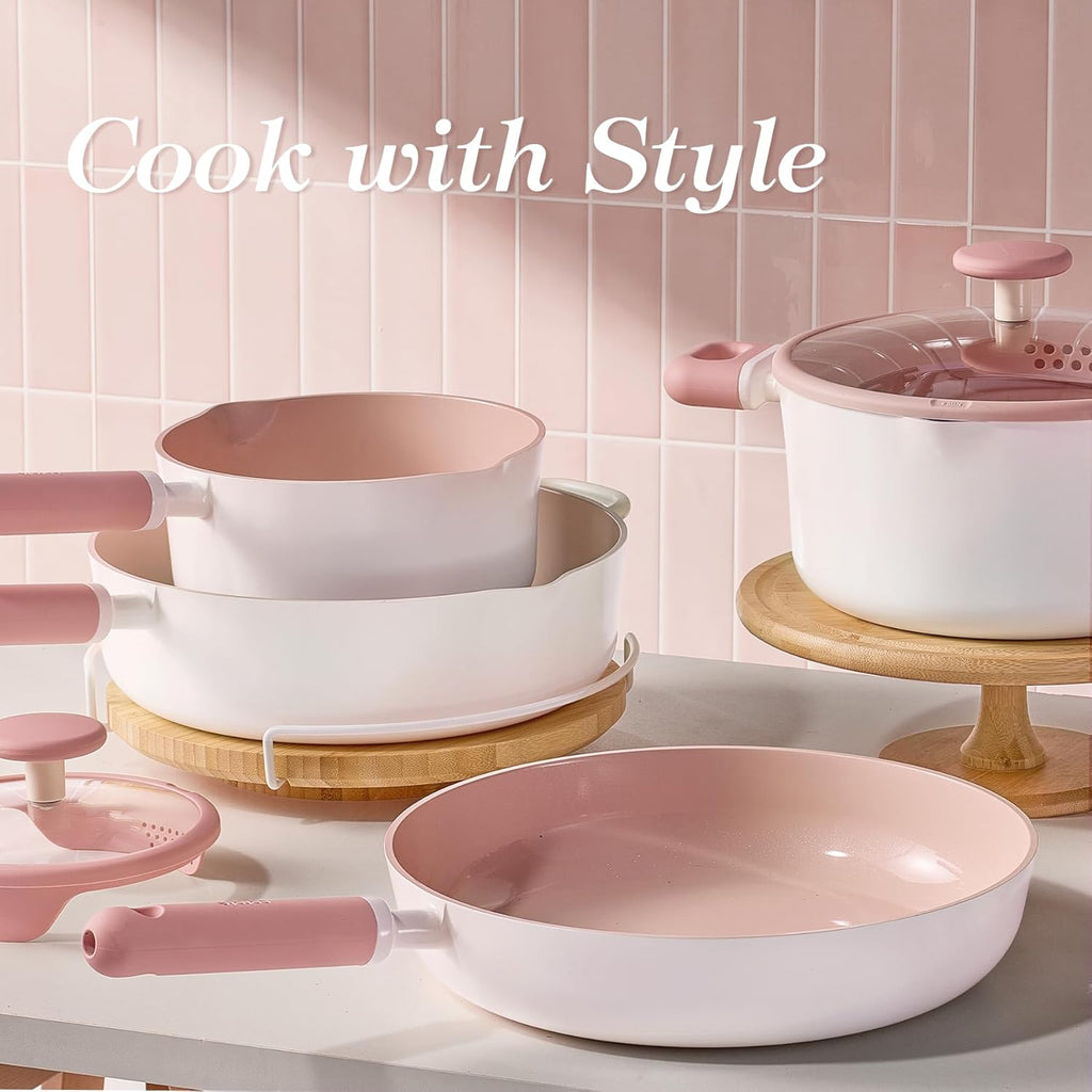 CAROTE Ceramic Cookware Set Nonstick, 15pcs Pots and Pans Set Non stick, Non Toxic Cookware,Dishwasher,RV/Camping Cookware Set, Pan and Pot with Kitchen Utensils, Pink