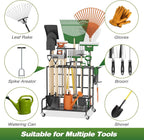 Garden Tool Organizer Rack with Wheels Up to 39 Tools, Heavy-Duty Steel Yard Tool Organizer for Garage Storage with 12 Hooks, Broom Holder & Garden Tool Rack for Shed, Patio, Outdoor Use, Black