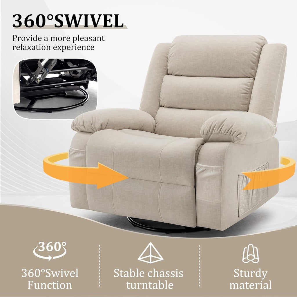 Recliner Chair, Wide Rocker Chair, Rocking Chair with Massage and Heat,360°Swivel Nursery Rocking Chairs, Oversized Recliner for Adults, Cashmere Reclining Sofa for Living Room, Beige