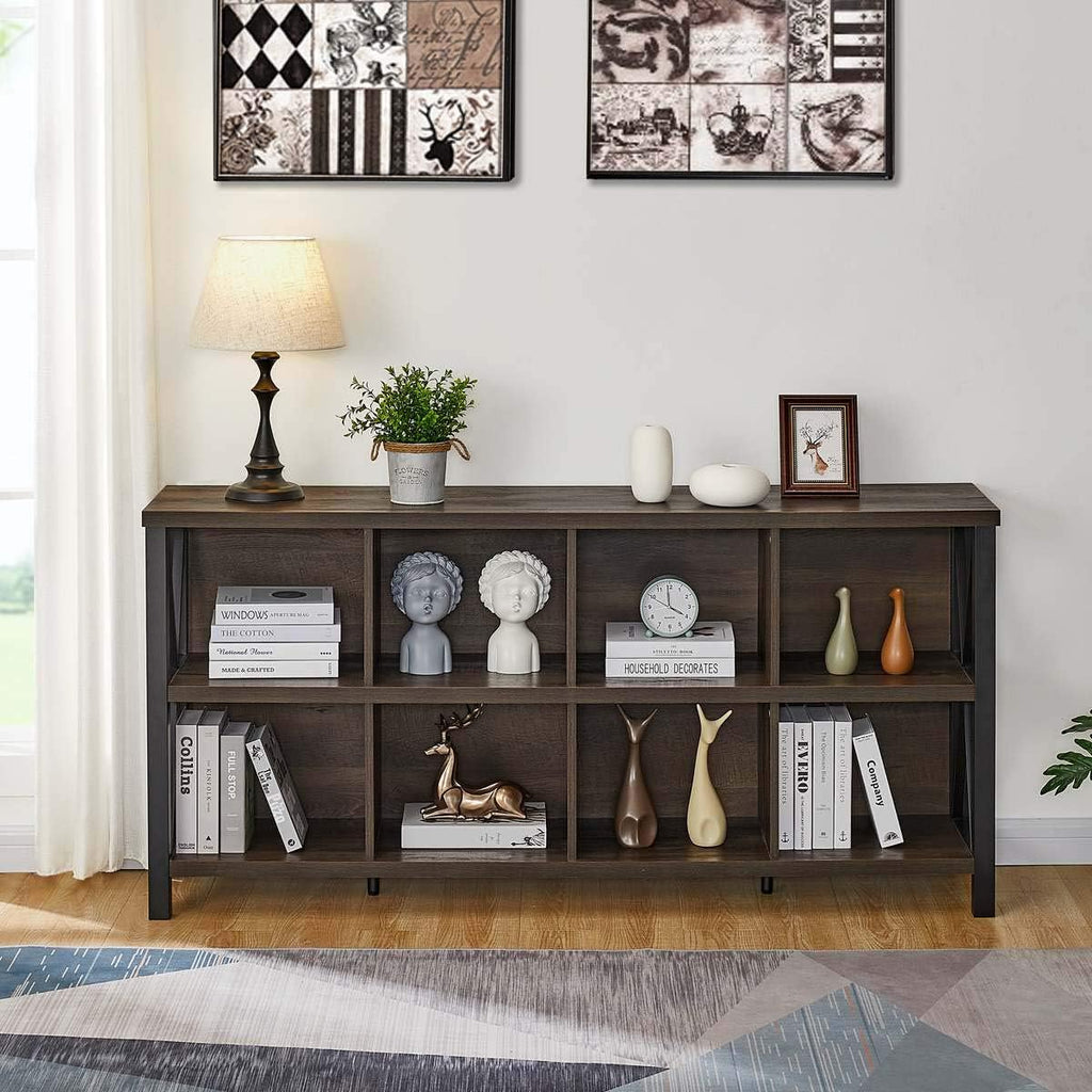 FATORRI 8 Cube Storage Organizer Bookshelf, 62 Inch Rustic Wood Horizontal Bookcase, Industrial Cube Long Book Shelf for Living Room (Walnut Brown)