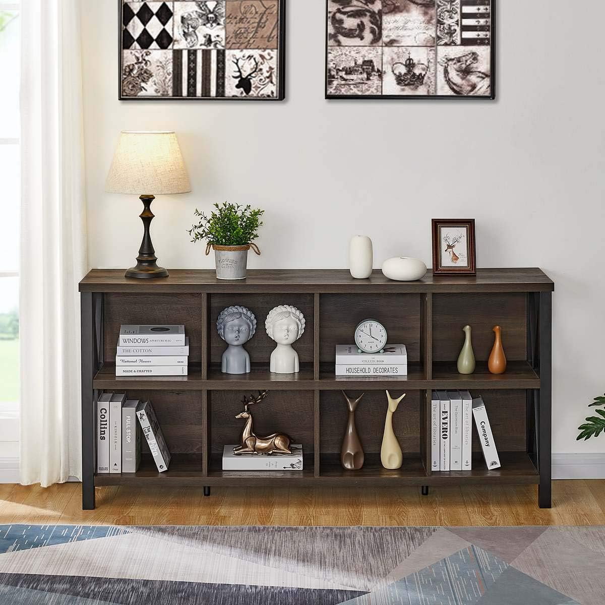FATORRI 8 Cube Storage Organizer Bookshelf, 62 Inch Rustic Wood Horizontal Bookcase, Industrial Cube Long Book Shelf for Living Room (Walnut Brown)