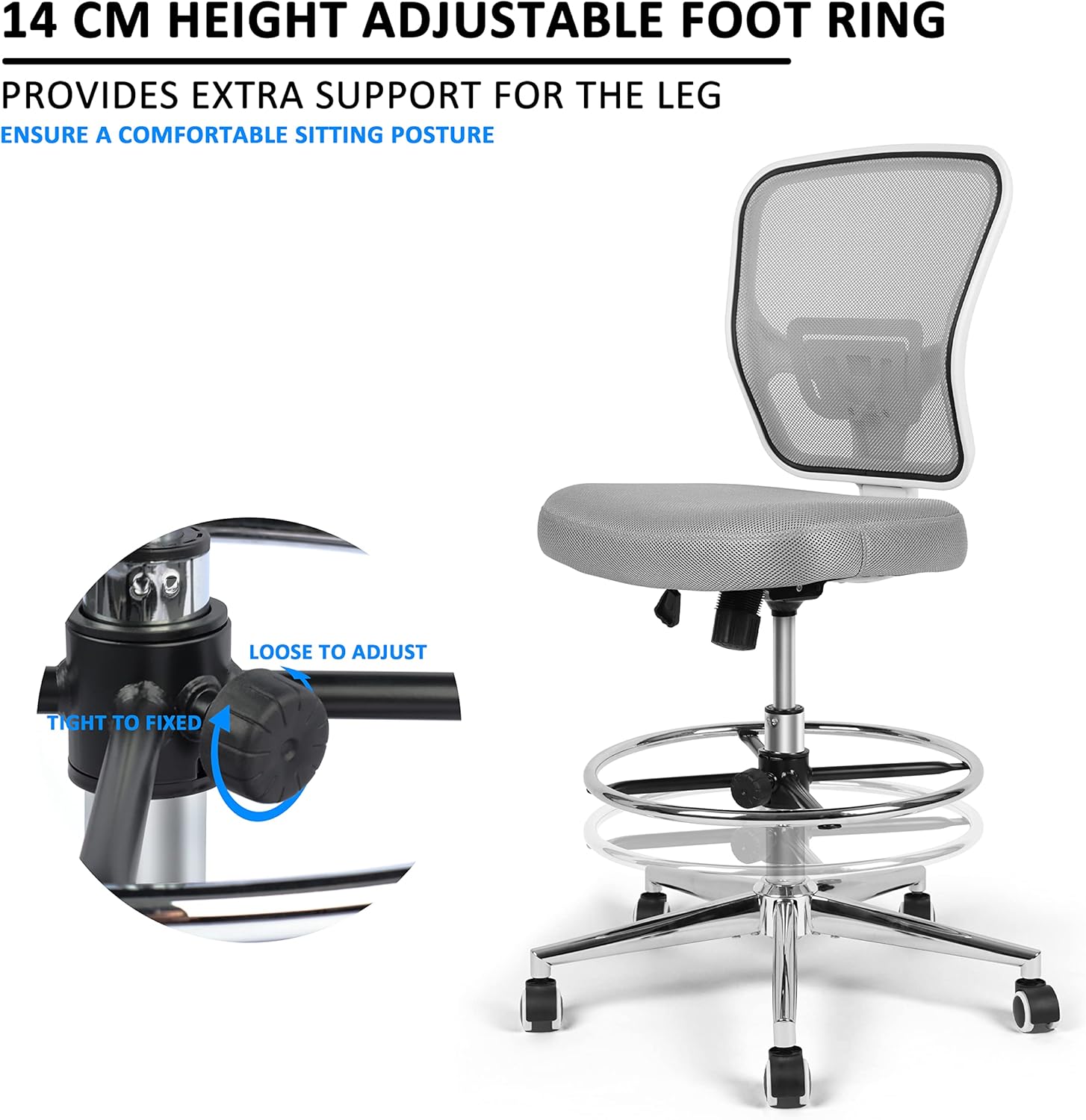Drafting Chair, Tall Office Chair for Standing Desk, Drafting Stool with Lumbar Support, Adjustable Height and Foot Ring, Grey