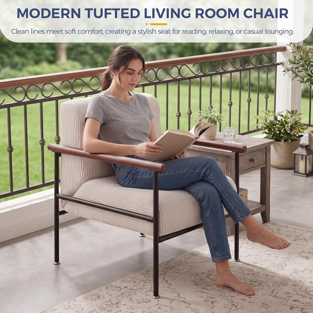 MAXYOYO Living Room Accent Chair, Modern Chair with Sturdy Metal Frame & Wood Armrests, Upholstered Reading Chair with Upholstered Cushion for Bedroom Balcony Porch, Beige