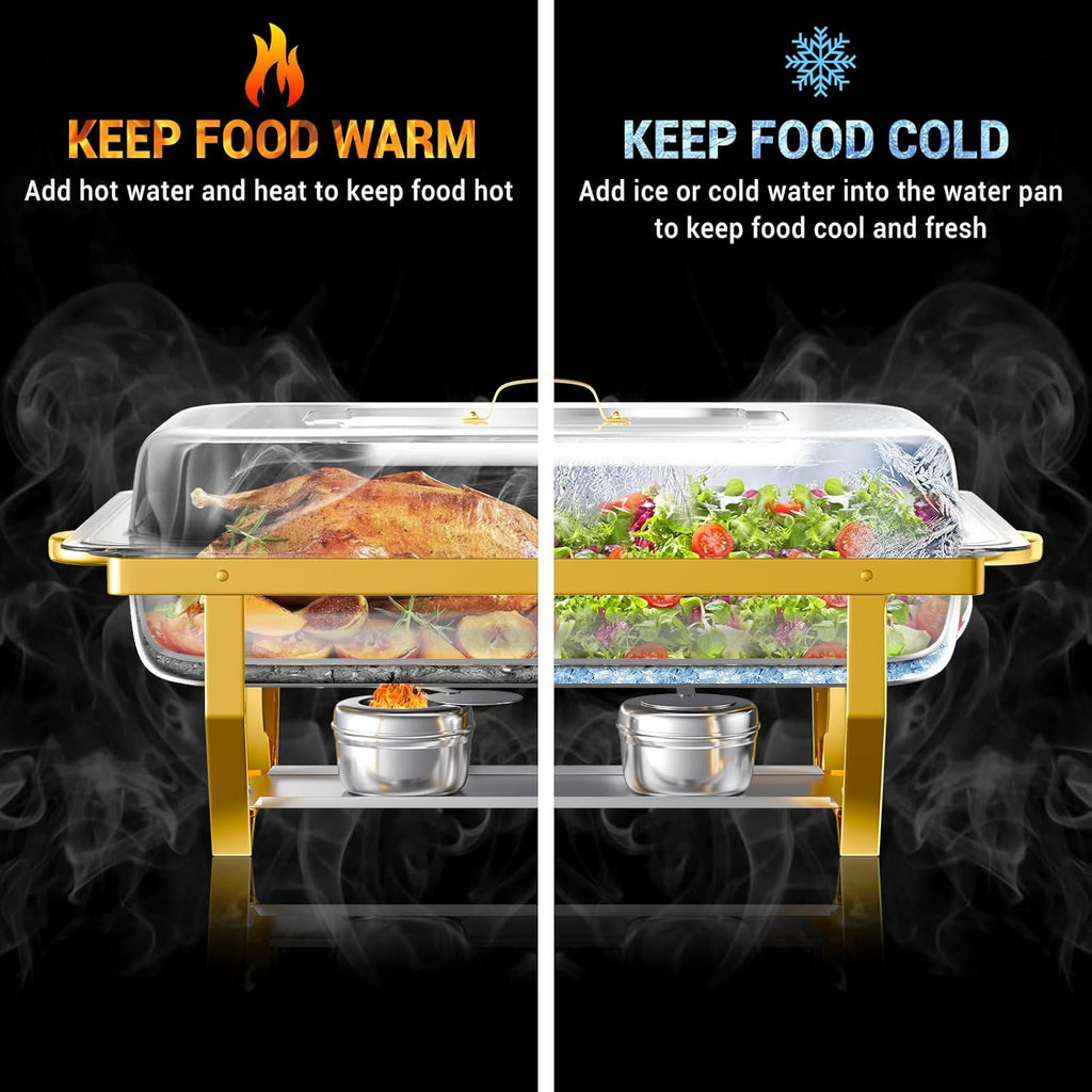 Chafing Dishes for Buffet, 8 Qt High Grade Chafing Dish Buffet Set, Full Size Pan, Rolled-Edge Design Food Warmers for Parties, Buffet, Wedding, Birthday, Camping 4 Pack Half Gold