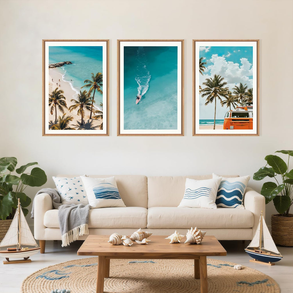 LHIUEM Large Nature Surfboard Beach Framed Canvas Wall Art,Summer Ocean Surfing Wall Decor,Palm Trees Wall Painting,Modern Picture Artwork for Living Room,Bedroom,Dining Room,Office -16"x24"x3