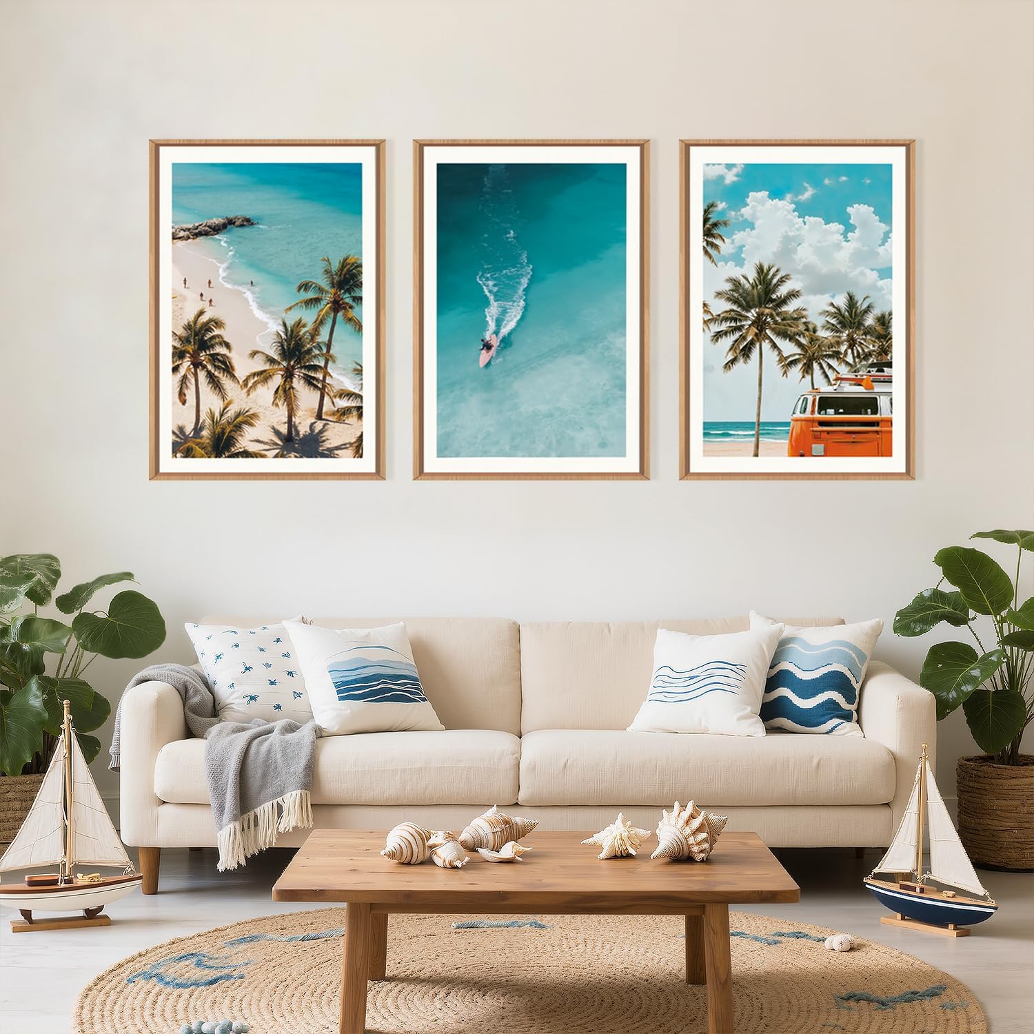 LHIUEM Large Nature Surfboard Beach Framed Canvas Wall Art,Summer Ocean Surfing Wall Decor,Palm Trees Wall Painting,Modern Picture Artwork for Living Room,Bedroom,Dining Room,Office -16"x24"x3