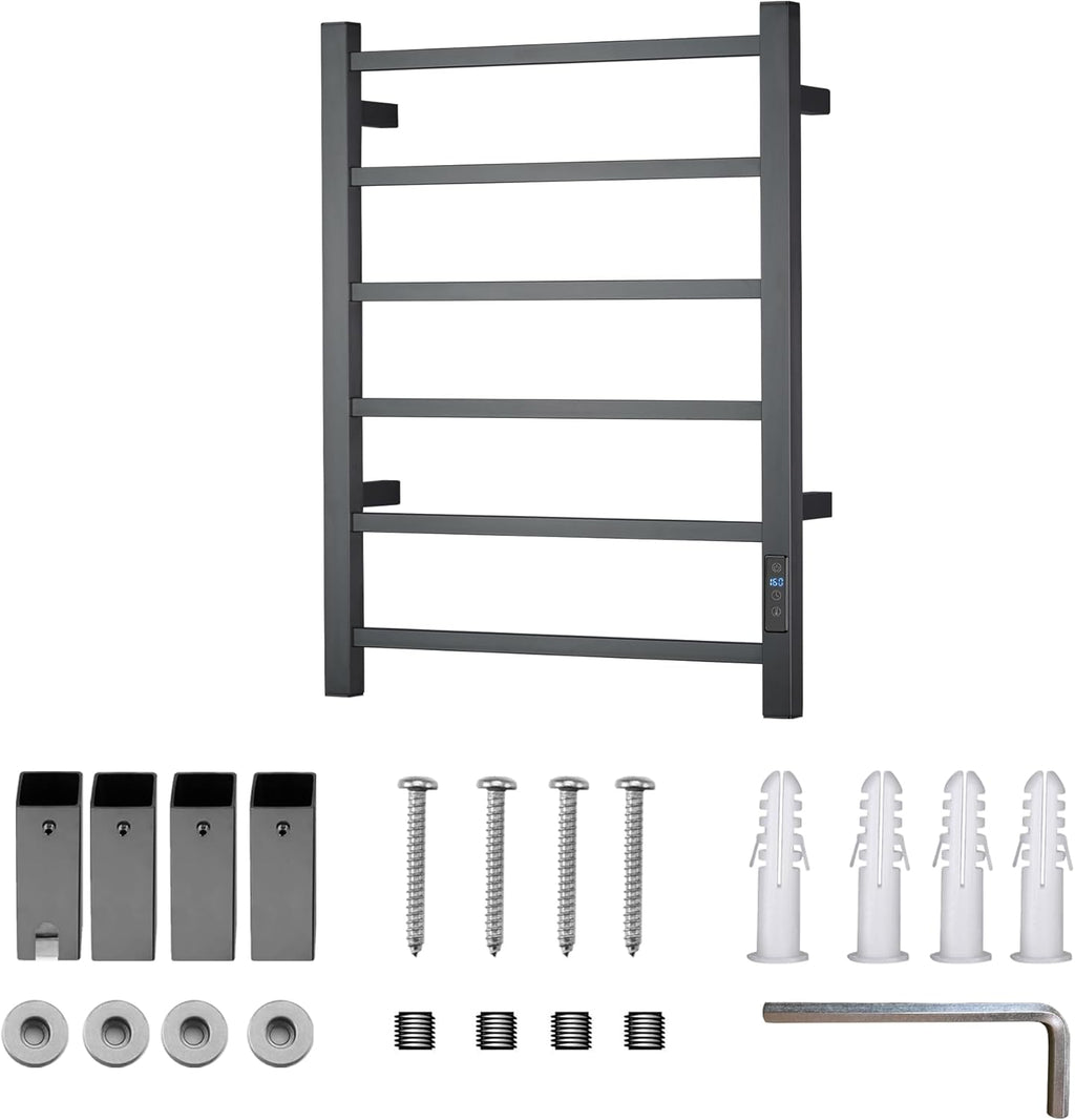 Heated Towel Racks for Bathroom, Wall Mounted Electric Towel Warmer Racks with Timer & Temperature Control, 6 Bar Stainless Steel Towel Heater for Bathroom, Matte Black, Plug-in
