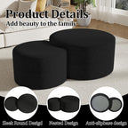 Round Nesting Coffee Table Set of 2,Upholstered Foam Ottoman Footrest Side Table Set,Modern Flannel Circle Coffee Table No Assembly for Living Room Entryway Bedroom,Black