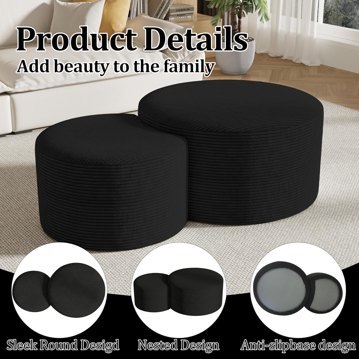 Round Nesting Coffee Table Set of 2,Upholstered Foam Ottoman Footrest Side Table Set,Modern Flannel Circle Coffee Table No Assembly for Living Room Entryway Bedroom,Black