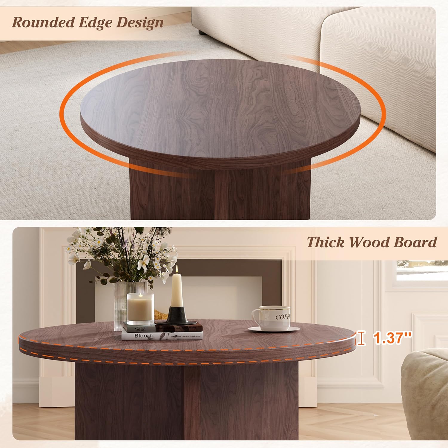 Luoxiao 31.5" Round Coffee Table Mid Century Modern Center Table for Living Room, Minimalist Circle Accent Table for Apartments, Study, Office, Space-Saving, Easy Assembly, Walnut