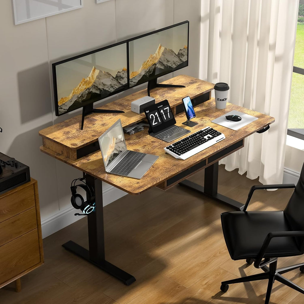 55 * 30 Inches Electric Standing Widened Desk Adjustable Height with 4 Drawers, Double Storage Shelves Stand Up Desk, Home Office Workstation Sit Stand up Desk (Rustic Brown)