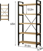 Real Solid Wood Bookshelf Shelves Rustic Vintage Industrial Etagere Bookshelf, Metal & Timber Free Vintage Bookcase, (Genuine Timber) (5-Tiers-Natural Finish)