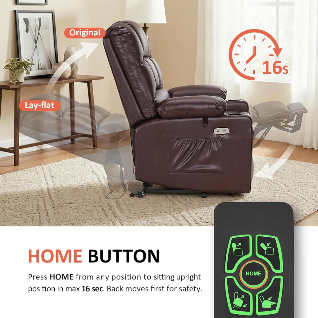 MCombo Large Dual Motor Power Lift Recliner Chair for Elderly, Massage and Heat, Lay Flat, Zero Gravity, Home Button, USB Port, Faux Leather 7680 (Dark Brown, Large)
