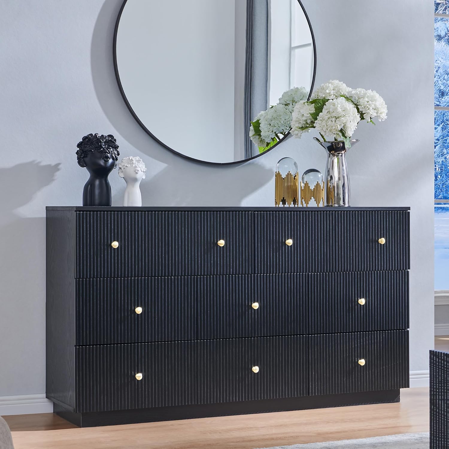 Fluted Dresser for bedroom, 55"W Black 8 Drawer Dressers, Wood Tall Dresser Storage Organizer, Modern Bedroom Chest of Drawers with Deep Storage for Closet Hallway, Entryway, Living Room Black