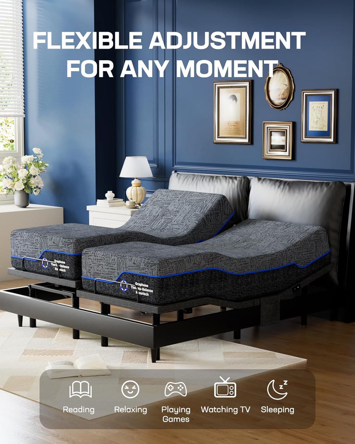 Marsail NS1 Split King Adjustable Bed Base with Massage- Smart Dual Motor Bed Frame with Wireless Remote, 3-Min Assembly, 4 USB Ports, Zero Gravity & Anti-Snore Mode