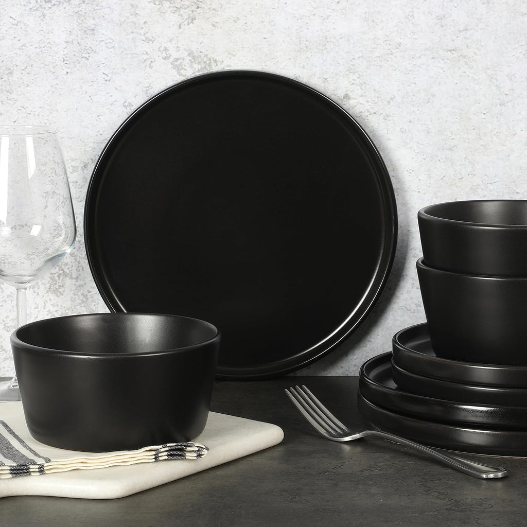 Gibson Soho Lounge Bowery 32 Piece Matte Black Stoneware Dinnerware Plates, Bowls, and Mugs Set - Service for 8