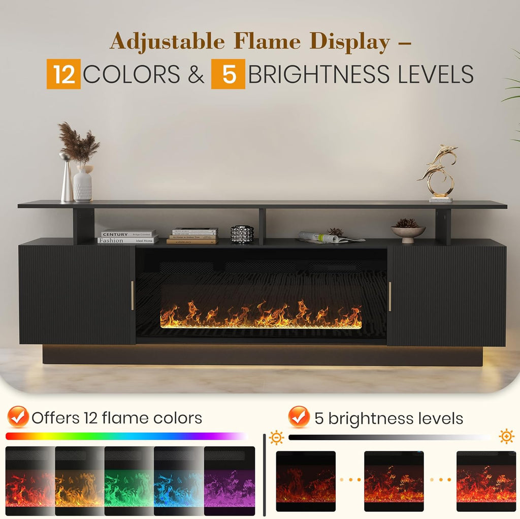 70” Fluted TV Stand with 36” Electric Fireplace, 2 Tier TV Console Cabinet with Storage Cabinet, LED Lights, Power Outlet, Modern Wood Entertainment Stand Fits TVs up to 80" for Living Room (Black)