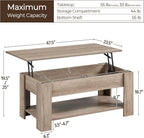 Yaheetech Lift Top Coffee Table with Hidden Compartment and Storage Shelf, Rising Tabletop Dining Table for Living Room Reception Room, 38.6in L, Grey