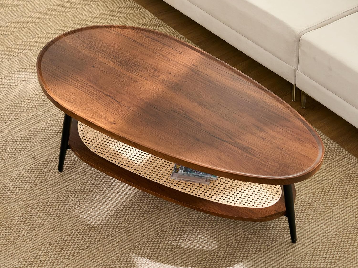 Shrine Oval Wood and Rattan Coffee Table, Mid-Century Modern Coffee Table, Two-Tier Brown Walnut Table for Living Room, D47.2''x W25''x H15.3'', Walnut Wood Top and Woven Rattan Base