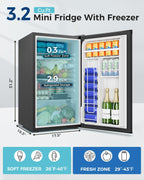 Mini Fridge with Freezer - 3.2 Cu.Ft Single Door Mini Refrigerator with Adjustable Thermostat, Low Noise, Energy Saving, Small Fridge for Bedroom, Apartment, Dorm, Classroom, Office - Silver