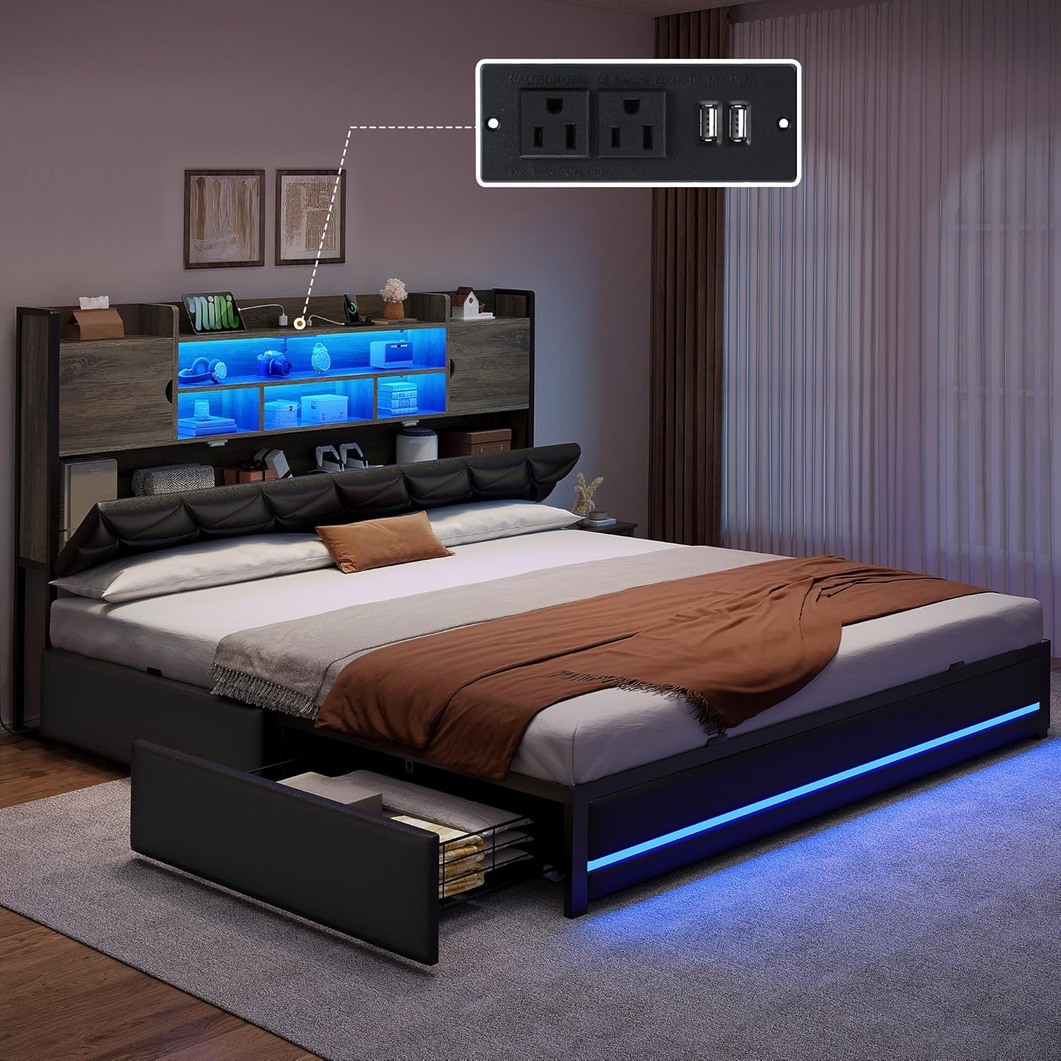 YITAHOME King Size Bed Frame with RGB LED Lights & Storage Bookcase Headboard, Upholstered Bed with Charging Station and 4 Drawers, No Box Spring Needed, Easy Assembly, Noise-Free, PU Leather Black