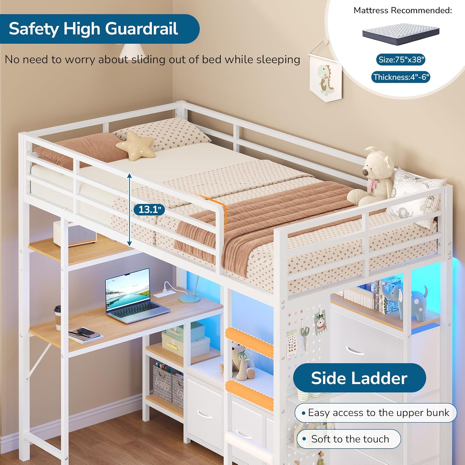 Twin Loft Bed with 6 Storage Drawers, Hall Tree and Pegboard, Metal Loft Bed Twin Size with Desk and Adjustable Shelf, LED Lights and Charging Station, Safety Guardrail and Ladder,No Box Spring Needed