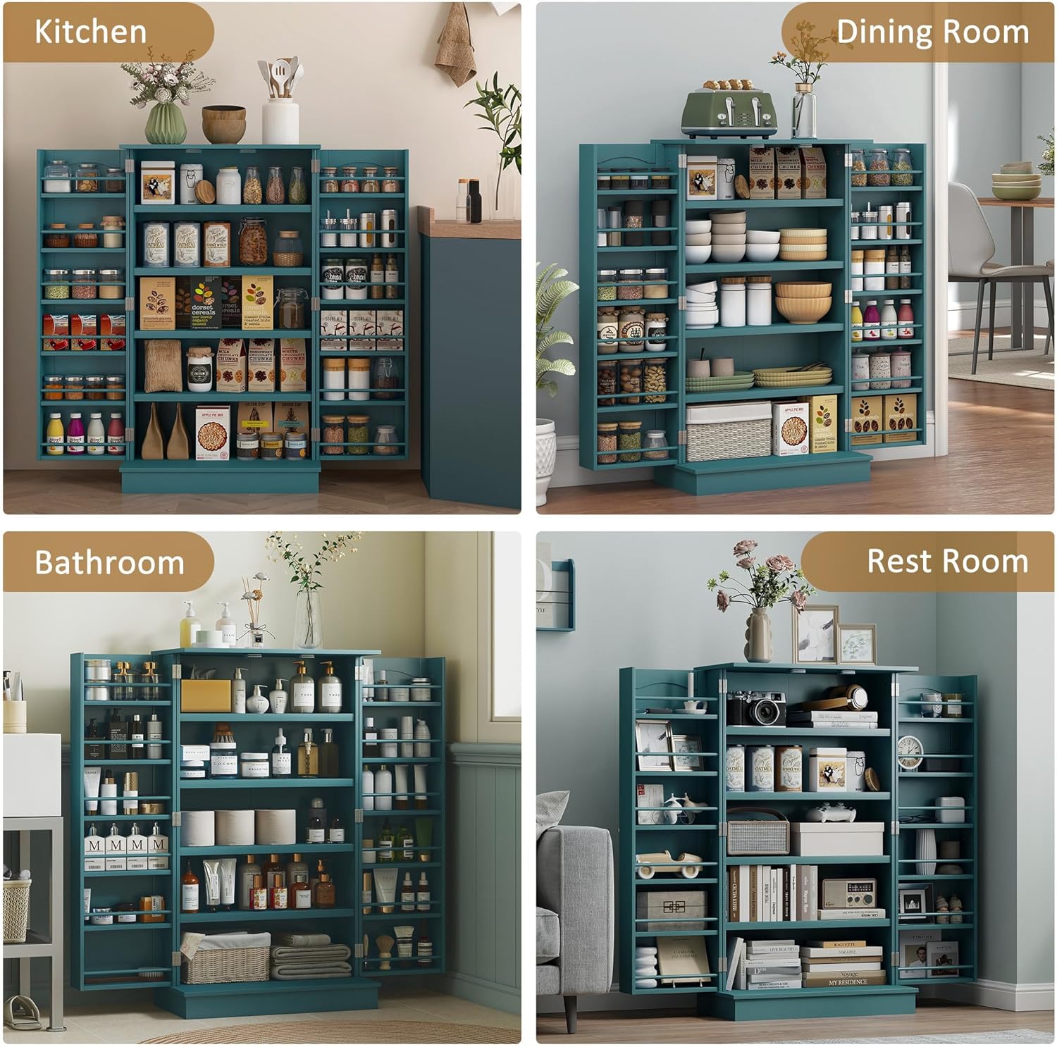 HOMCOM 41" Kitchen Pantry Storage Cabinet, Freestanding Kitchen Cabinet with 12 Door Shelves, Double Doors, 5-Tier Shelving and Adjustable Shelves, Blue