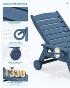 SERWALL Patio Chaise Lounge Chair Set of 2  78'' Long 5-Positions Adjustable HDPE Outdoor Lounger for Pool  Poly Lounge Chair with Rolling Wheels & Cup Holder for Poolside  Deck  Blue