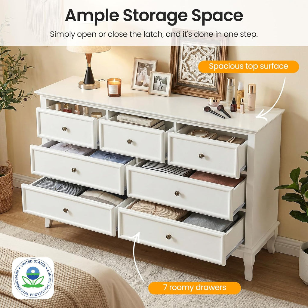 RoyalCraft 53" Wide 7 Drawer Dresser, White Dresser for Bedroom, Modern White Chest of Drawers with Solid Wood Legs and Painted Finish, Wooden Storage Closet Cabinet Organizer for Hallway, Living Room