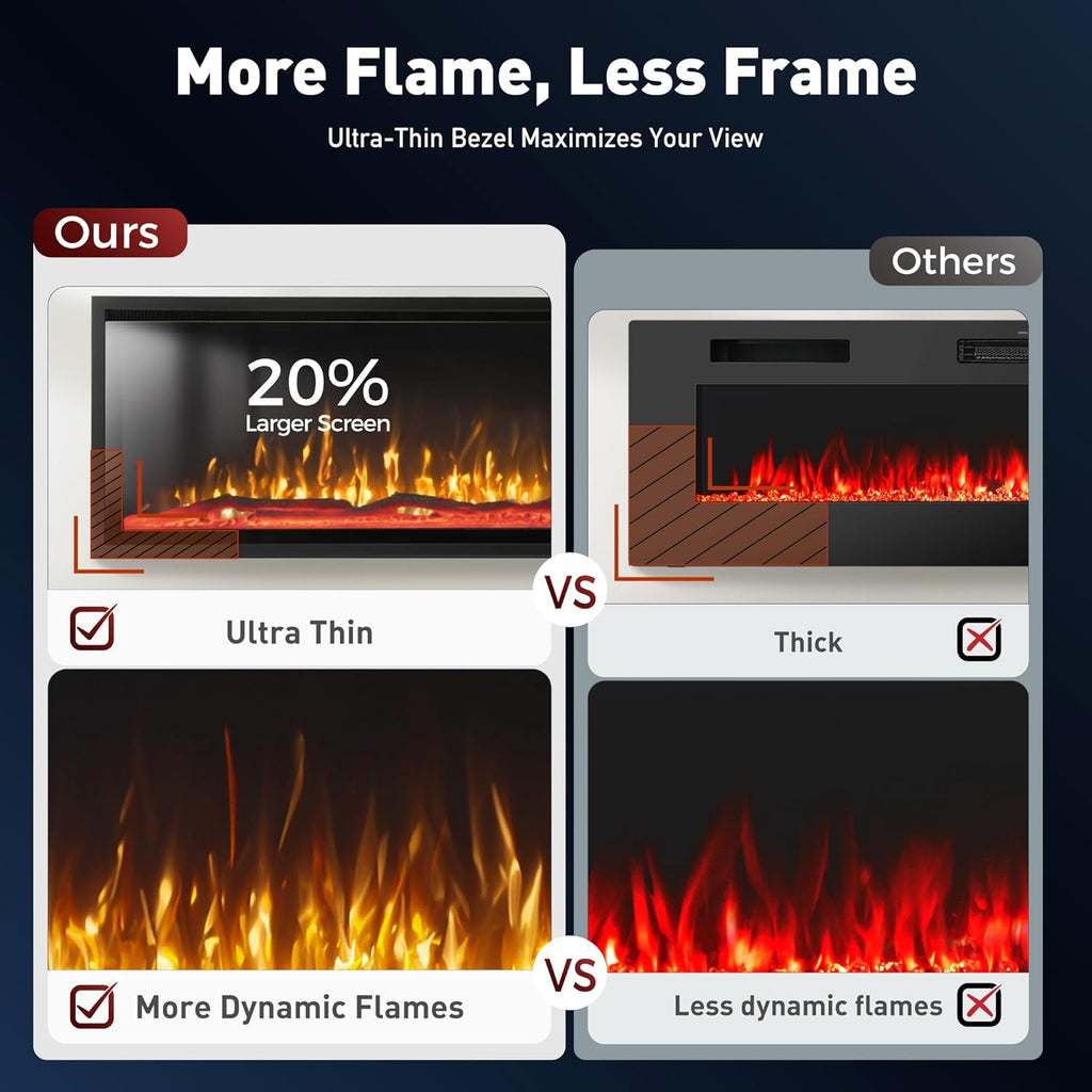 MAISON ARTS 72" Electric Fireplace, Recessed & Wall Mounted Electric Fireplace Heater, Ultra Narrow Frame Fireplace Insert w/Remote Control, Timer, Adjustable Flame Colors, Log/Crystal, 750/1500W