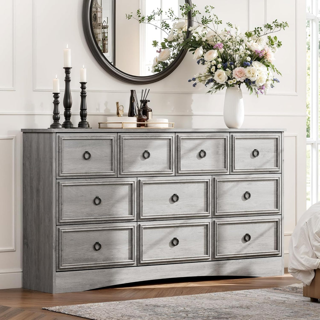 Grey 10 Drawer Dresser & TV Stand, 59" Large Dresser for Bedroom, Wooden Chests of Drawers, Rustic Storage Dressers Organizer for Bedroom, Hallway