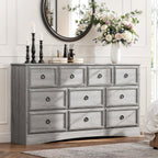 Grey 10 Drawer Dresser & TV Stand, 59" Large Dresser for Bedroom, Wooden Chests of Drawers, Rustic Storage Dressers Organizer for Bedroom, Hallway