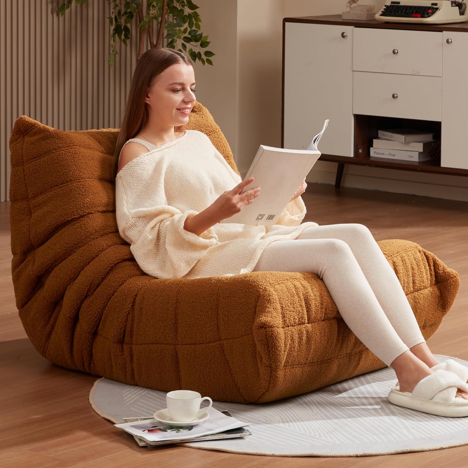 Bean Bag Chairs for Adults Giant Bean Bag Chair Memory Foam BeanBag Chair Bean Bag Sofa with Filler Faux Fur Fireside Beanbags Lazy Sofa for Living Room Bedroom Office (Brown Teddy, Single)