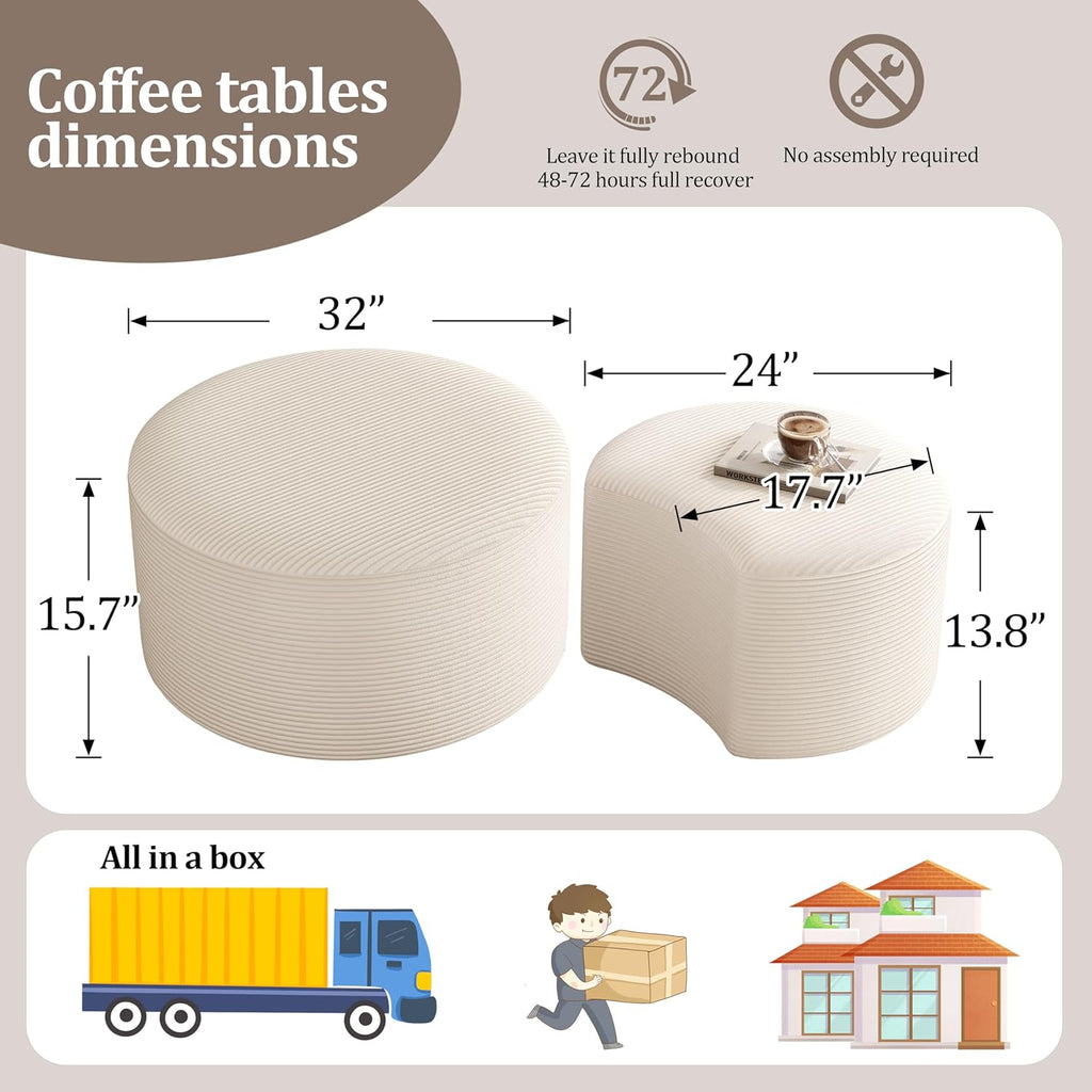 BSHOMGI Round Coffee Table Set of 2, Movable Ottoman for Corduroy Cloud Sectional Couches Circle Foam Round Side Table for Living Room, Entryway Set, 32"+17" Footrest No Assembly (Beige, 32"+17")